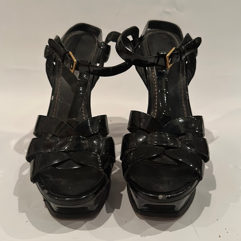 Saint Laurent Patent Black Tribute Sandals - 37